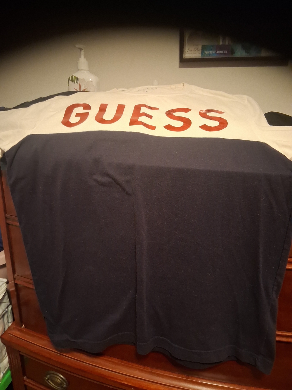 Guess White and Navy Colorblock Tee with Red Logo